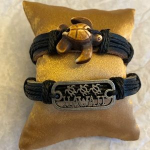 Black Leather Hawaii Turtle Honu bracelets. Set of 2. Adjustable cinch cord.